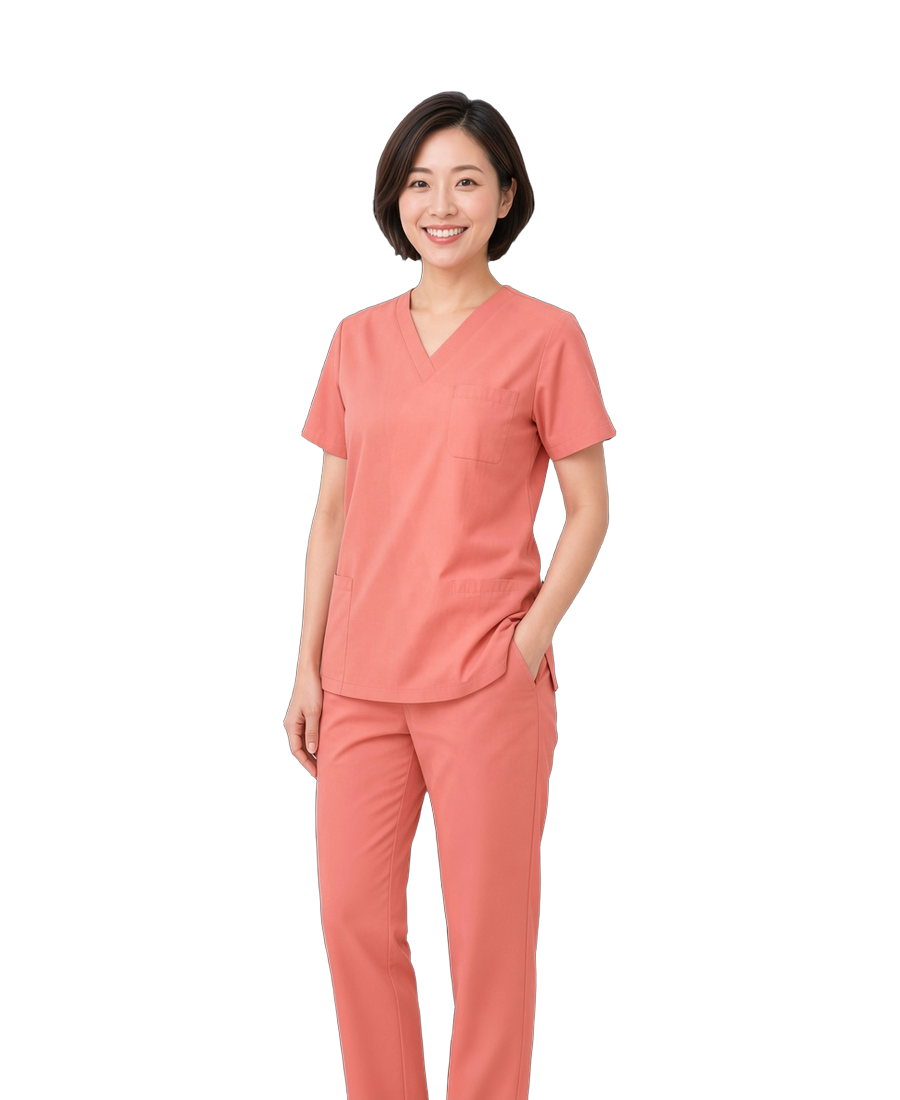 Healthcare professional in coral scrubs