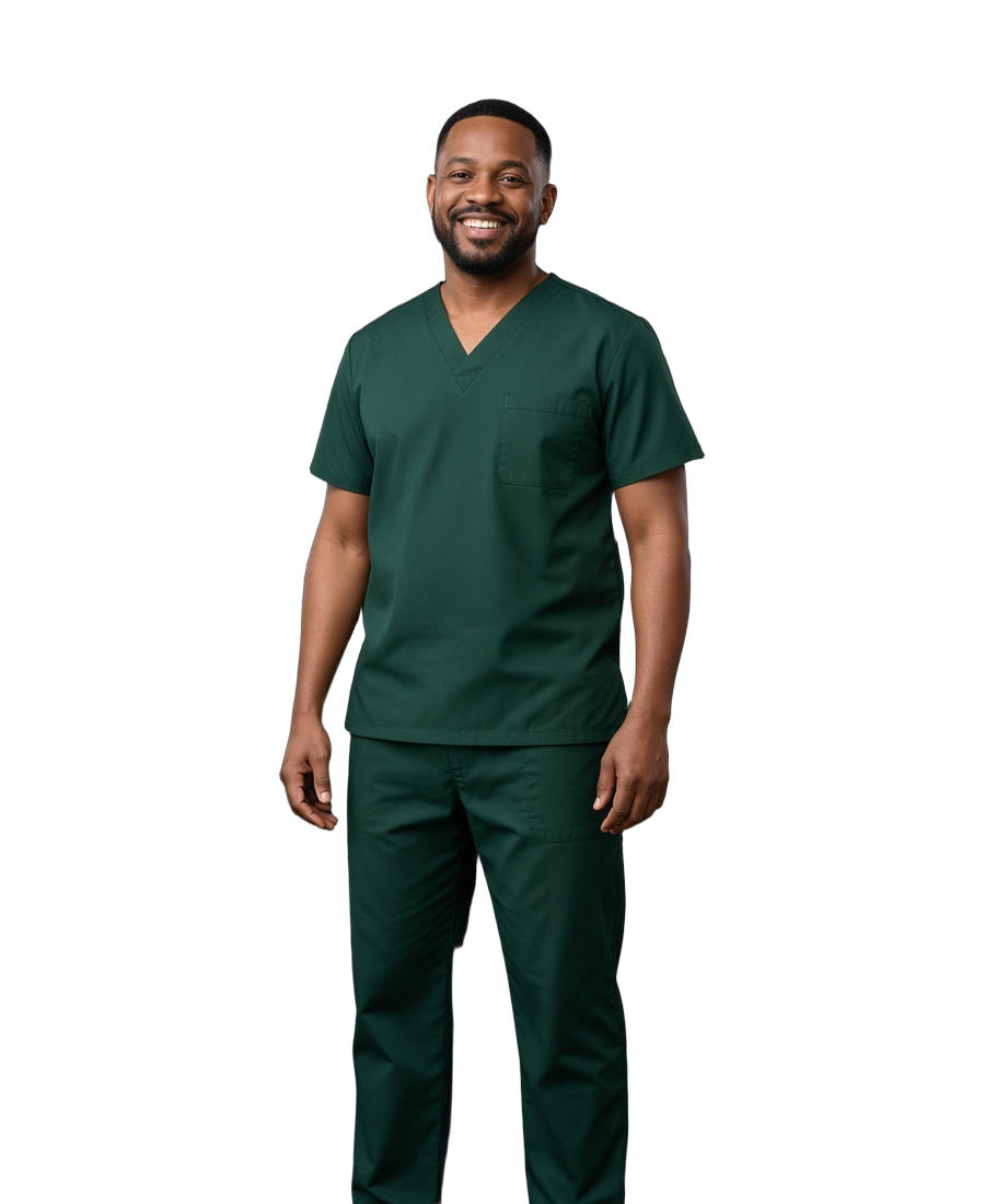 Healthcare professional in forest green scrubs