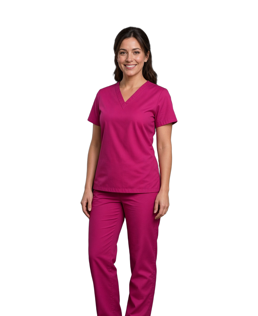 Healthcare professional in fuchsia scrubs