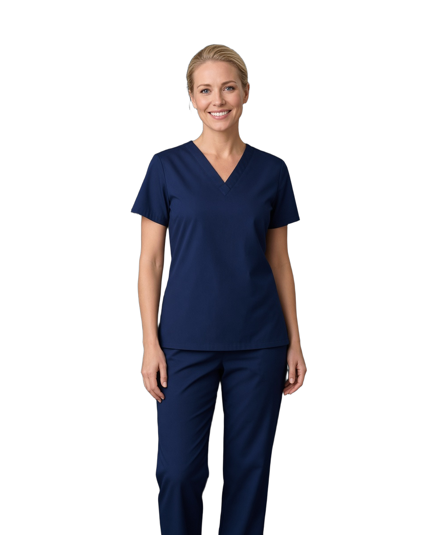Healthcare professional in navy blue scrubs